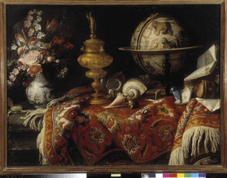 Jarrón de flores, globo astral, libros y orfebrería sobre una alfombra. Pintura de Meiffren Conte (o Conde) (1630-1705) Mención obligatoria: Colección fondation regards de Provence, Marsella (cm 92x121)