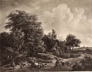 Granja al borde de un bosque, con un carro y caballos
