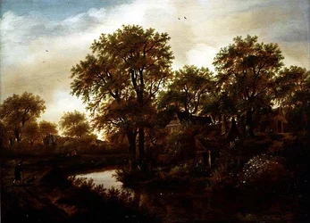 Paisaje fluvial con cabañas y campesino