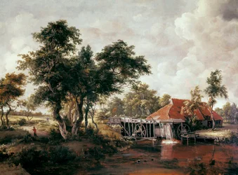 Molino de agua con gran techo rojo. Pintura de Meindert Hobbema