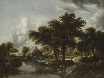 Paisaje boscoso con molino de agua