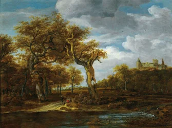 Paisaje arbolado con dos grandes robles y vistas al castillo de Bentheim