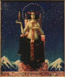 Figura femenina alegórica ante paisaje nocturno del Himalaya