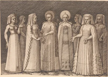 Ocho damas con trajes antiguos