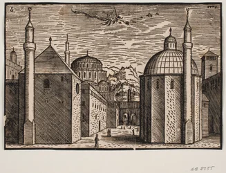 Tres mezquitas, cada una con un minarete; en el cielo un dragón volador con larga cola