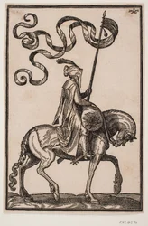 Portador de estandarte montado, perfil hacia la derecha; el estandarte es bifurcado, el jinete desarmado, en la parte delantera del caballo una bolsa de equipaje en forma de salchicha