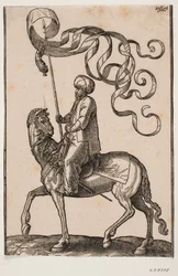 Portador de estandarte montado, perfil hacia la izquierda; el estandarte es de tres puntas y debajo cuelga una pluma; su espada está colocada entre su pierna izquierda y el flanco del caballo