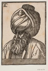 Busto de hombre con barba completa y turbante, perfil 3/4 hacia la izquierda