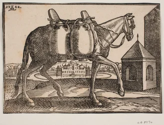 Caballo, perfil hacia la derecha; en su lado visible cuelgan dos recipientes de cerámica; frente al caballo un pozo cuadrado con techo puntiagudo, detrás del caballo un castillo con almenas y cúpulas, rodeado de un foso circular lleno de agua