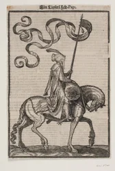 Abanderado a caballo, de perfil hacia la derecha; el estandarte tiene dos puntas; el jinete está desarmado; sobre el lomo del caballo, delante de él, hay un saco con forma de salchicha para llevar equipaje