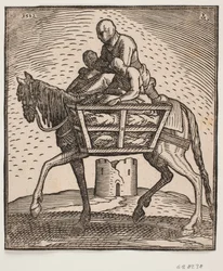Jinete con capucha sobre el rostro; a cada lado del caballo una caja de barrotes con una persona dentro; perfil hacia la izquierda; bajo el caballo se ve una torre cilíndrica en ruinas