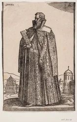 Embajador de pie con traje europeo (¿veneciano?), perfil de 3/4 hacia la izquierda; en la mano derecha sostiene un estuche de cartas