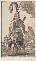 Janissary de pie visto desde atrás, tocado con plumas, rifle en el hombro izquierdo