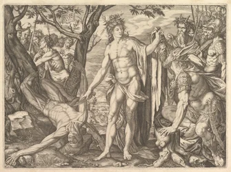 Apolo y Marsias y el Juicio de Midas: a la derecha Midas con orejas de asno