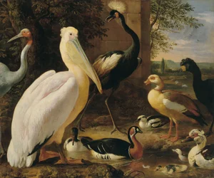 Pelícano, grulla coronada, paujil, grulla sarao y patos en un paisaje fluvial