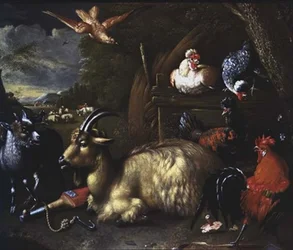 Cabra con otros animales y aves en un paisaje