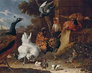 Un gallo, gallinas, polluelos, una perdiz, faisanes, un pavo real y una paloma junto a un muro en el parque de una mansión