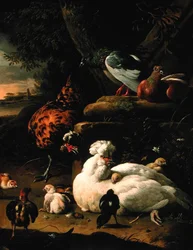 Una gallina con pollitos, un gallo y palomas en un paisaje