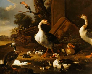 Gansos chinos y egipcios y otras aves en un paisaje con ruinas cercanas