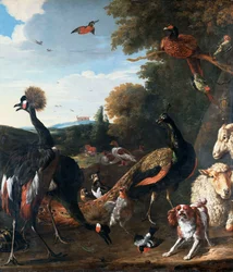 Pavos reales y otras aves, con una oveja y un perro en un paisaje