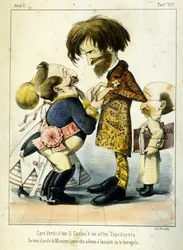 Caricatura sobre Giuseppe Verdi y Napoleón III después de la ópera Don Carlos en París en 1867. Caricatura de Melchiorre Delfico. Colección privada Milán