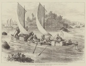 La Expedición del Nilo, el 1er Batallón del Regimiento de South Staffordshire avanzando en el Catarata de Hannek