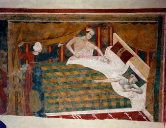 Escena de la vida conyugal en la Edad Media. Un hombre se une a su mujer que duerme desnuda en la cama. Detalle. (fresco, principios del siglo XIV)