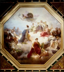 Francia, en medio de los reyes legisladores y juristas franceses, recibe la Carta Constitucional de Luis XVIII, techo de la sala Camondo, Louvre, París