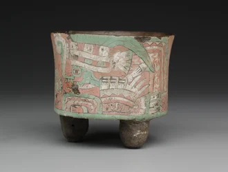 Vasija trípode cilíndrica con dos figuras con gafas, c.A.D. 400-650