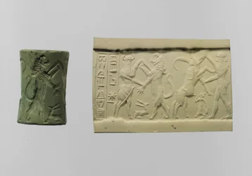Sello cilíndrico de combate con impresión moderna c.2250-2150 a.C. (albita)