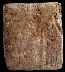 Mesopotamia. Arte Sumerio: personaje con plumas (circa 2700 a.C.) estela antigua de Girsu período sumerio arcaico - piedra caliza. París, Museo del Louvre