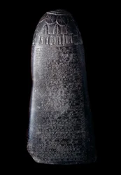 Mesopotamia: kudurru de piedra caliza negra del rey Marduk-sapik-zari (1082-1070 a. C.) (estela utilizada como testimonio de las donaciones de tierras realizadas por los soberanos casitas de Babilonia a familiares o altos dignatarios). La inscripción está