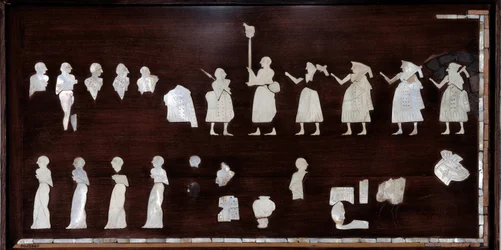 Mesopotamia: elementos de mosaico del estandarte de Mari en betún, concha y piedra