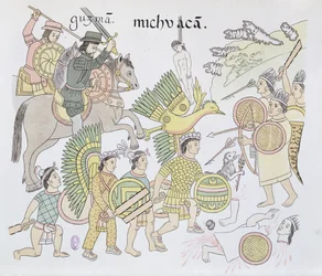 Batalla de Michoacán entre los españoles y los aztecas, ilustración de un facsímil de una historia pictórica india mexicana, Lienzo de Tlaxcala, c. 1550, 1892
