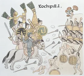 Batalla de Xochipilla entre los españoles y los aztecas, ilustración de un facsímil de la historia pictórica india mexicana Lienzo de Tlaxcala de c.1550, 1892