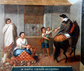 Figuras junto a un puesto de mercado