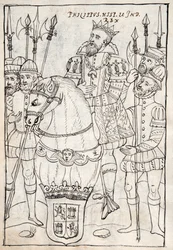 MS Hunter 242 f.249v Felipe II sentado a caballo, con la orden del Toisón de Oro, rodeado de hombres de armas, ilustración de la Historia de Tlaxcala por Diego Muñoz Camargo