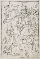 Cristóbal Colón (1451-1506) ofrece simbólicamente el Nuevo Mundo a Carlos V (1500-08), de Historia de Tlaxcala por Diego Muñoz Camargo