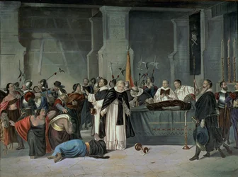 Los funerales del Inca Atahualpa en la ciudad de Cajamarca a los que asistió Francisco Pizarro (c.1475-1541) (óleo sobre lienzo)