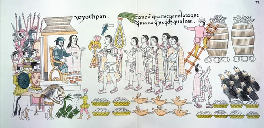 El jefe tlaxcalteca, Maxixcatzin, presenta un ramo de rosas y otros regalos a Hernando Cortés (1485-1547) como símbolos de bienvenida, ilustración de un facsímil de una historia pictórica india mexicana