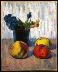 Naturaleza muerta con manzanas y jarrón de flores (óleo sobre lienzo)