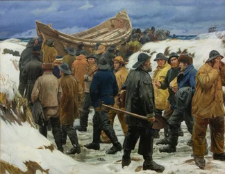 El bote salvavidas es llevado a través de las dunas, 1883