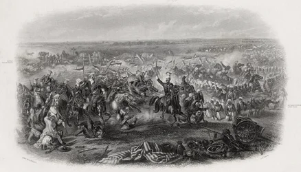 Batalla de Aliwal, India, 28 de enero de 1846, grabado por J.J. Crew