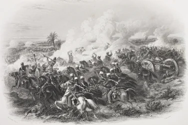La Batalla de Moodkee, 1845, grabado por C.H. Jeens, de 