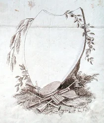 Escudo en forma de corazón con instrumentos del álbum de recortes de Michael Faraday