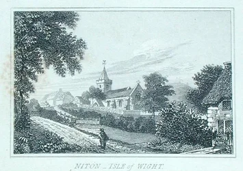 Iglesia de Niton, Isla de Wight, del álbum de recortes de Michael Faraday (grabado)