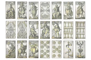 Detalle de un conjunto extremadamente raro de 52 cartas de juego grabadas en los cuatro palos italianos, Augsburgo