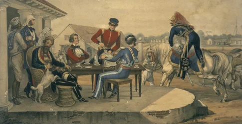 Una fiesta de café en una estación militar en India, c.1850 (grabado en color)