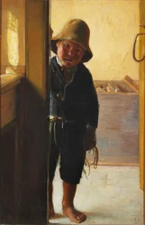 El hijo de un pescador mirando a través de una puerta.