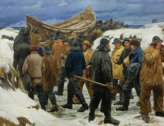 El bote salvavidas es llevado a través de las dunas. 1883
